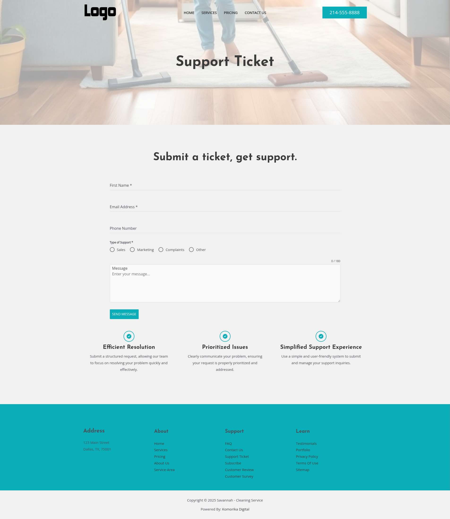 Support Ticket - Savannah - Emerald - Cleaning Service