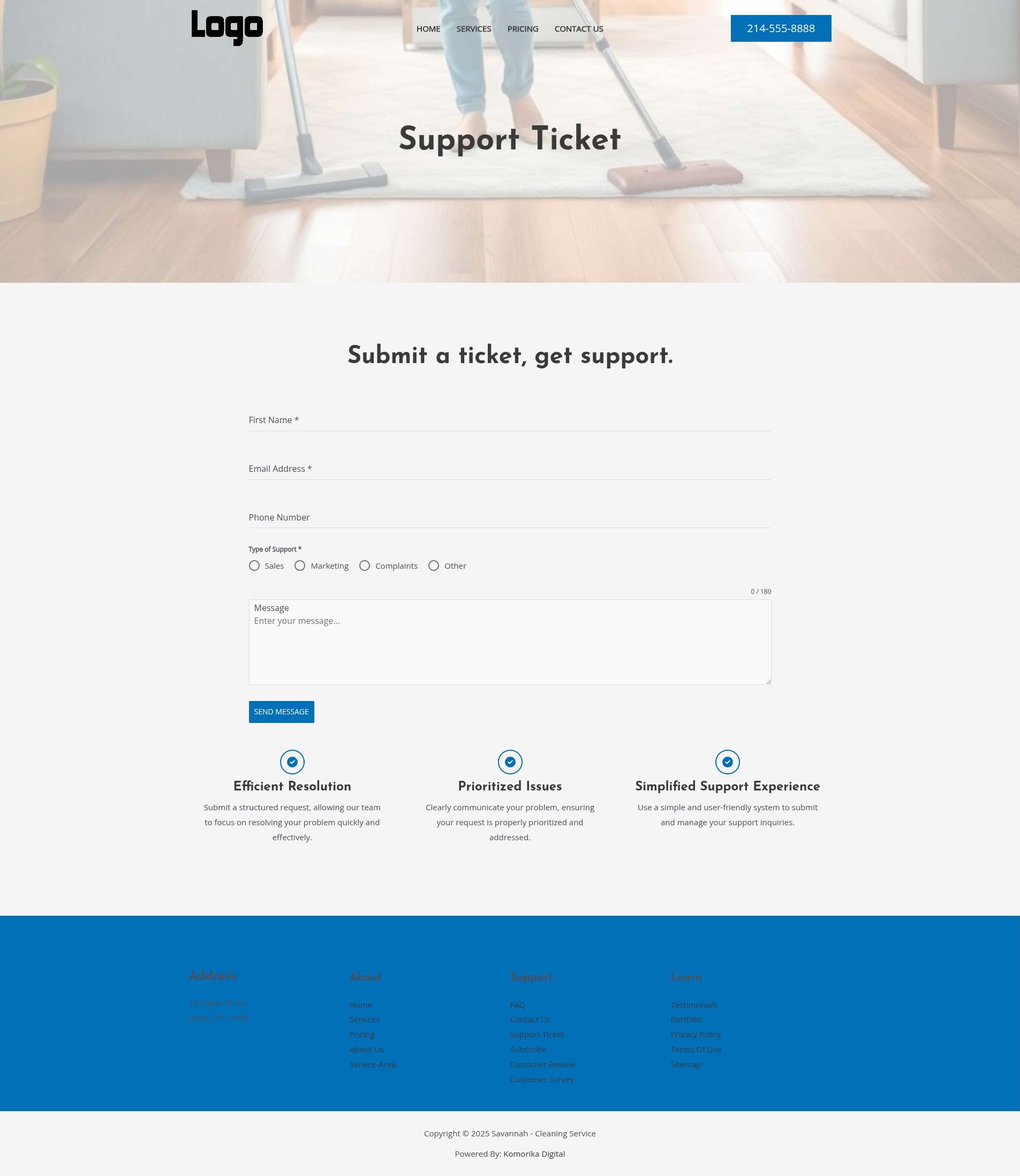 Support Ticket - Savannah - Sapphire - Cleaning Service