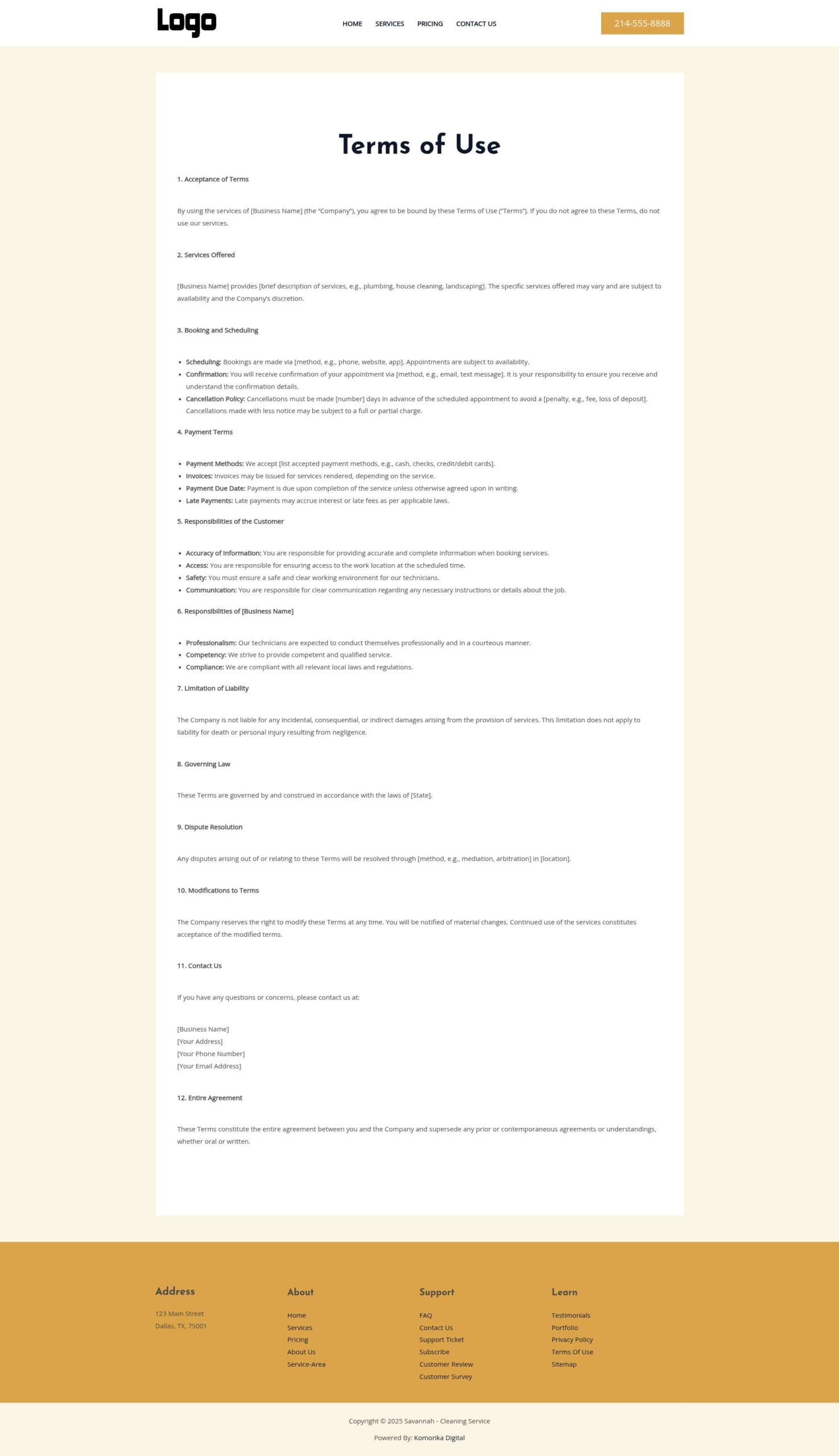 Terms of Use - Savannah - Amber - Cleaning Service